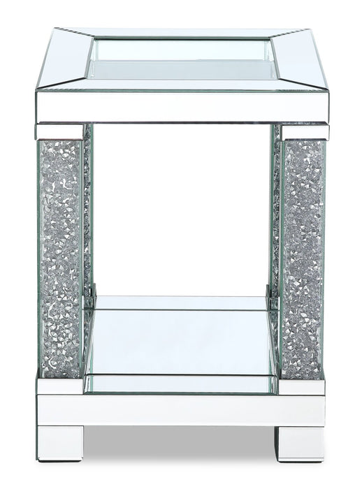 Berni 18\" Glam Mirror & Glass Top End Table with Shelf - Silver Metal with Diamond Look Legs
