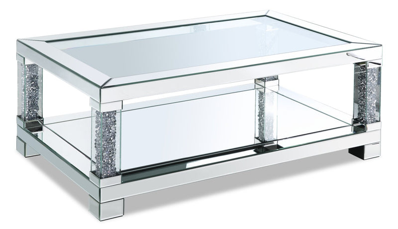 Berni 47.2\" Glam Mirror & Glass Top Coffee Table with Shelf - Silver Metal with Diamond Look Legs