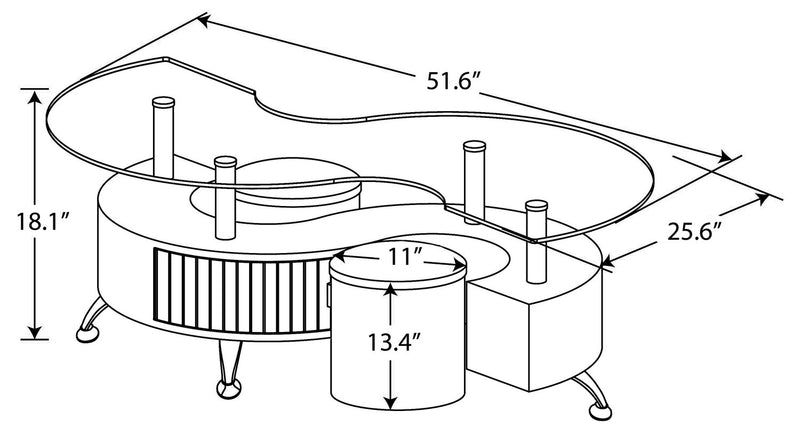Savon  52.5\" Modern S-shaped 3-Pack Coffee + 2 Ottomans with Storage and Shelf - White Wood and Chrome 