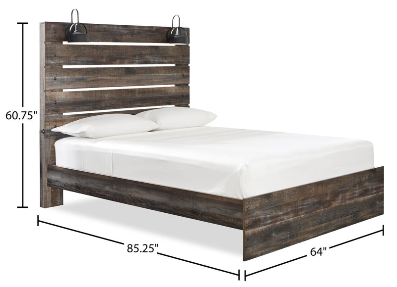 Abby Panel Bed with Headboard & Frame, LED, USB, Brown - Queen Size