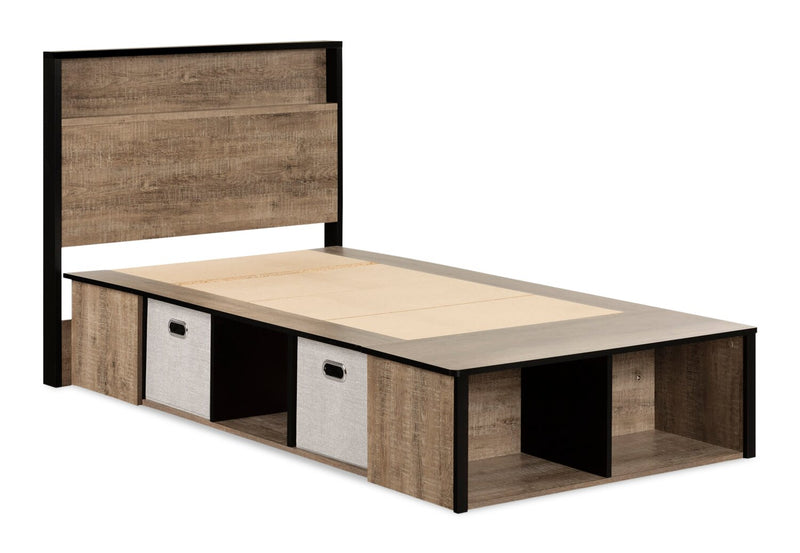 Everley Platform Bed Set with Panel Headboard, Built-in Storage & Baskets, Two-Tone - Twin Size