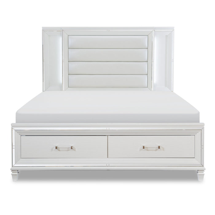 Max Platform Storage Bed with Headboard & Frame, LED, Vegan Leather, Glam, White - Queen Size