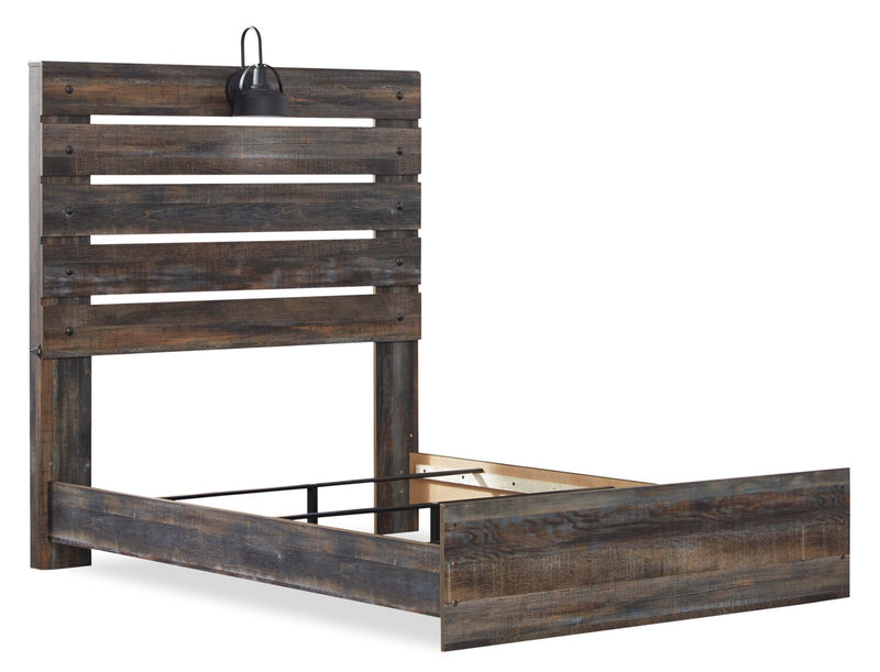 Abby Panel Bed with Headboard & Frame, LED, USB, Brown - Full Size