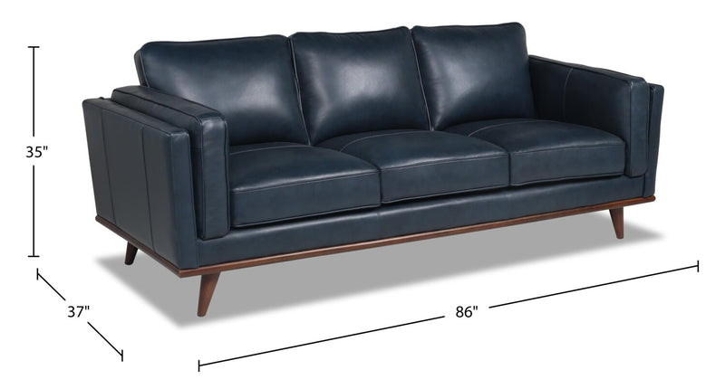 Vivia 86\" Genuine Leather Sofa with Removable Seat Cushions and Wood Base - Navy Blue