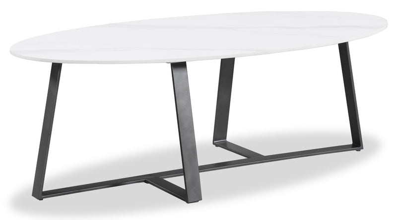 Kort & Co. Nico 51\" Modern Oval Coffee Table - White Sinetered Stone with Dark Grey Metal Legs