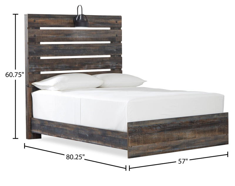 Abby Panel Bed with Headboard & Frame, LED, USB, Brown - Full Size