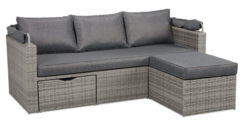 Cuba Canopy Outdoor Patio Conversation Set with Canopy Sofa, Ottoman & 2 Self-Storing Ottomans - Hand-Woven Resin Wicker, UV & Weather Resistant - Charcoal