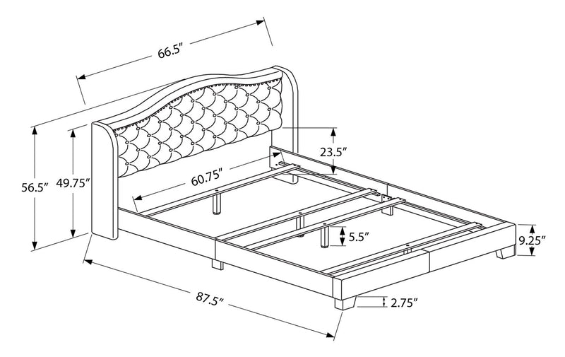 Penelope Upholstered Wingback Bed in Grey Fabric with Nailhead Design, Button Tufted - Queen Size