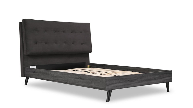 Nash Upholstered Platform Bed in Dark Grey Fabric, Button Tufted - Full Size
