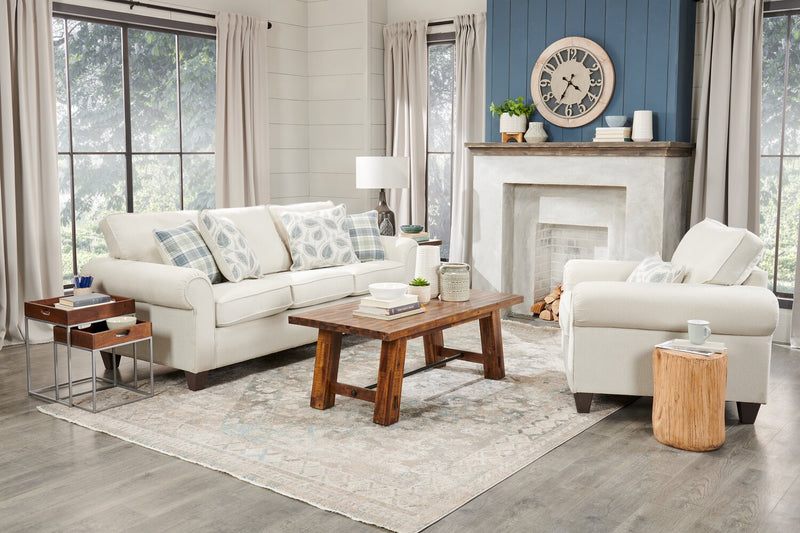 Made in Canada Scarlett 87\" Chenille Fabric Sofa with Rolled Arms and Accent Pillows - Ecru Beige