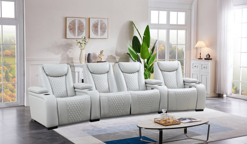 Cinema 5-Piece Leather-Look Fabric Home Theatre Power Reclining Sectional with Power Headrests - Cosmic Fog Grey