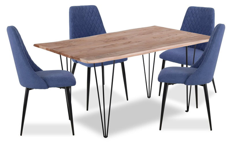 Miya 5pc Dining Set with Table & 4 Chairs, Live Edge, Acacia Wood, Metal, 60\"W - Navy Blue