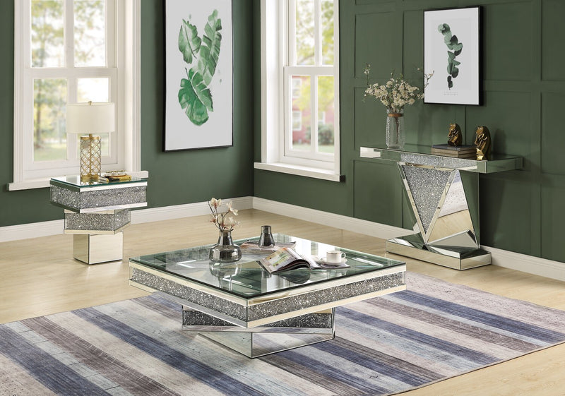 Rosie 39\" Glam Mirror & Glass Top Coffee Table - Silver Metal with Diamond Look Legs