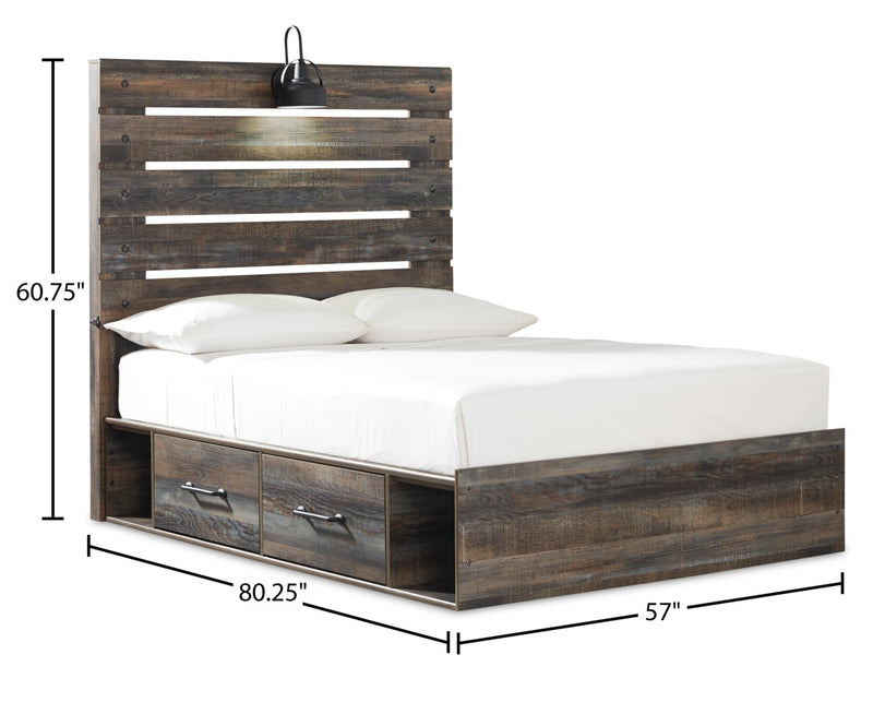 Abby 5pc Bedroom Set with Side Storage Bed, Dresser & Mirror, LED, USB, Brown - Full Size