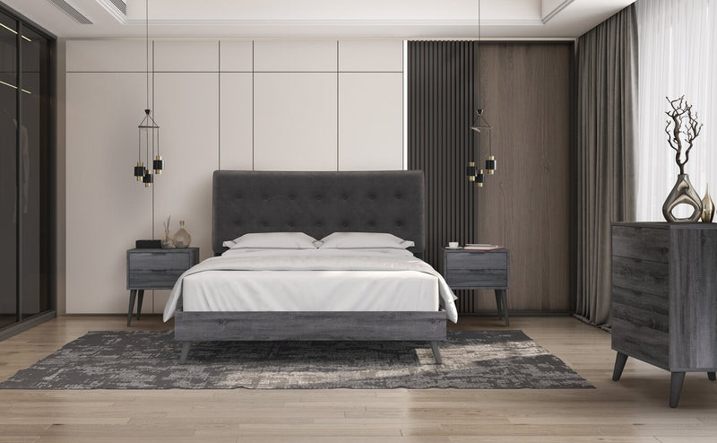 Nash Upholstered Platform Bed in Dark Grey Fabric, Button Tufted - Full Size