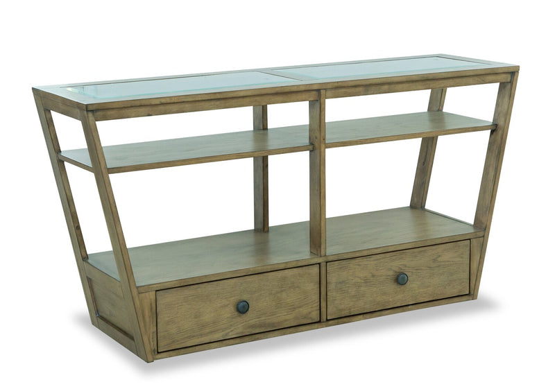 Esme 56\" Traditional Glass Top Sofa Table with Storage and Shelf - Light Brown Wood