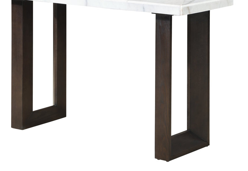 Silvia 48\" Modern Sofa Table - White and Grey Marble Look with Brown Wood Legs