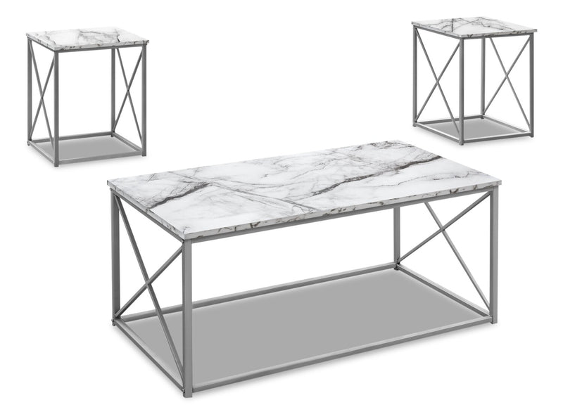 Kasey 42.25\" Modern 3-Pack Coffee + 2 End Tables - White Marble Look with Grey Metal Base