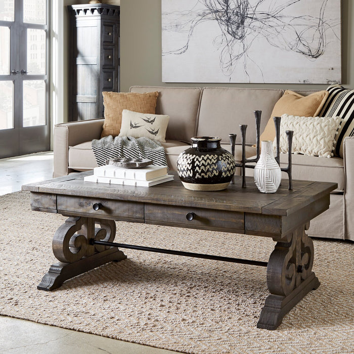 Bellamy 50\" Traditional Coffee Table with Storage - Dark Brown Pine with Scroll Design Wood Base