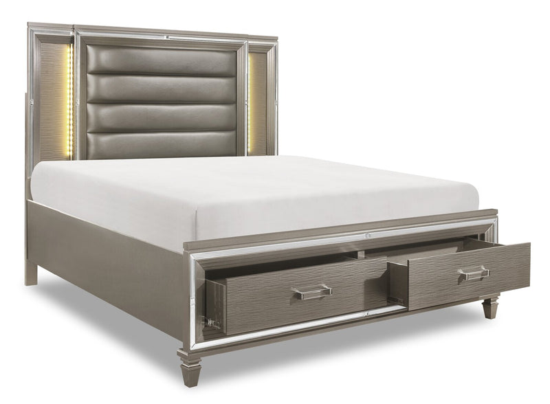 Max Platform Storage Bed with Headboard & Frame, LED, Vegan Leather, Glam, Silver - Queen Size