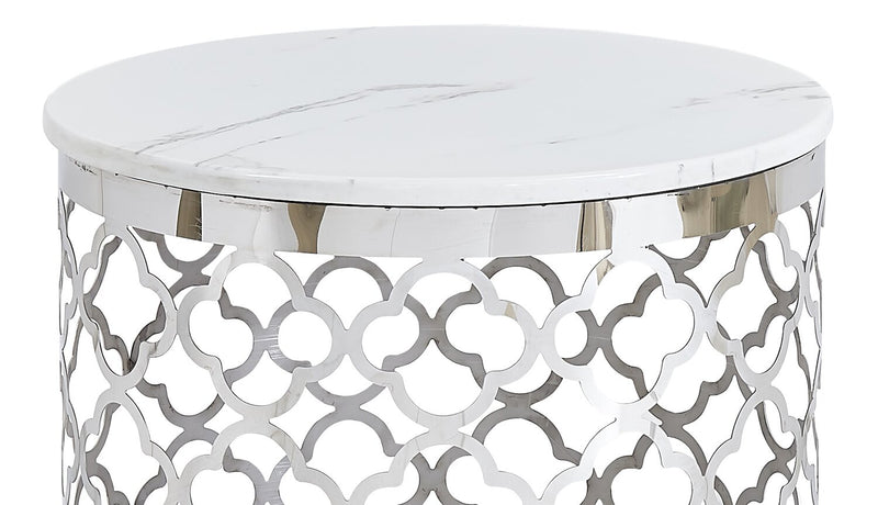 Belle 19.75\" Glam Round End Table - White Marble Top with Stainless Steel Base