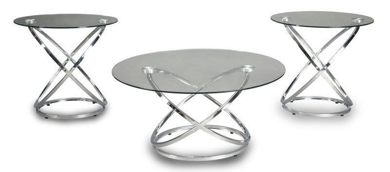 Hollynx 38\" Glam Round 3-Pack Coffee + 2 End Tables - Silver Metal Base with Glass Top