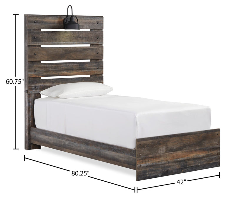Abby 5pc Bedroom Set with Panel Bed, Dresser & Mirror for Kids, LED, USB, Brown - Twin Size