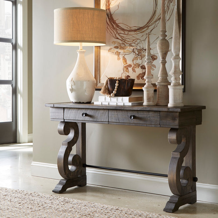 Bellamy 50\" Traditional Sofa Table with Storage - Dark Brown Pine with Scroll Design Wood Base