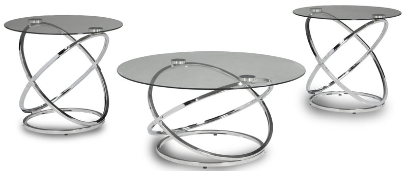 Hollynx 38\" Glam Round 3-Pack Coffee + 2 End Tables - Silver Metal Base with Glass Top