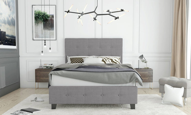 Page Upholstered Bed in Grey Linen-Look Fabric, Button Tufted - Full Size