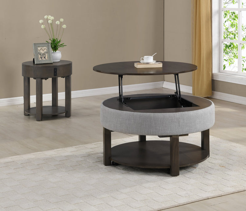 Elroy 33\" Rustic Round Lift Top Coffee Table With Storage, Shelf and Casters - Brown and Grey with Fabric Edge