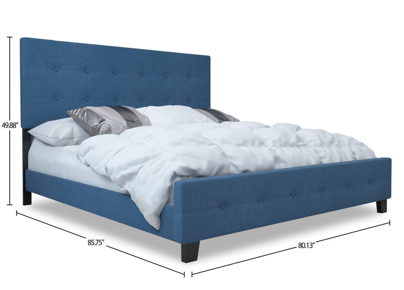 Page Upholstered Bed in Blue Linen-Look Fabric, Button Tufted - King Size
