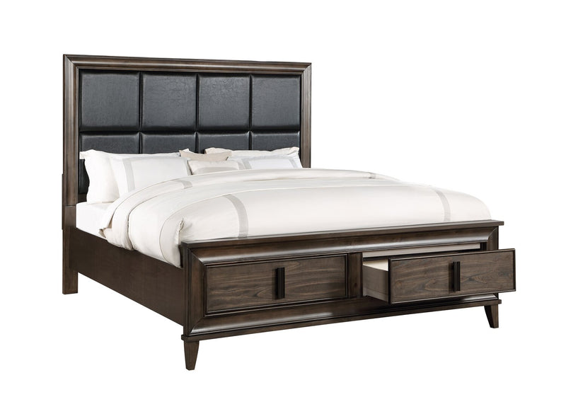 Kane 6pc Bedroom Set with Storage Bed, Dresser, Mirror & Nightstand, Vegan Leather, Brown - King Size