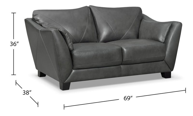 Chateau d'Ax Lusso 69\" 100% Genuine Leather Loveseat with Wood Legs - Charcoal Grey