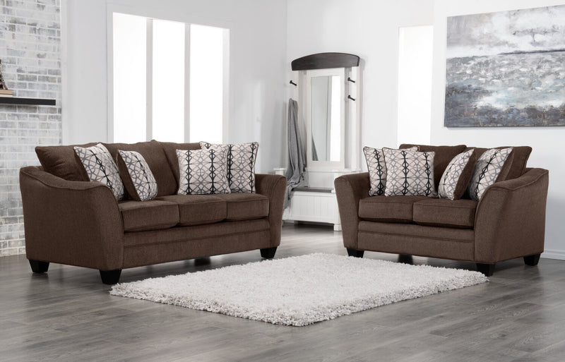 Made in Canada Febe 85\" Chenille Fabric Condo-Size Sofa with Flared Arms and Accent Pillows - Brown