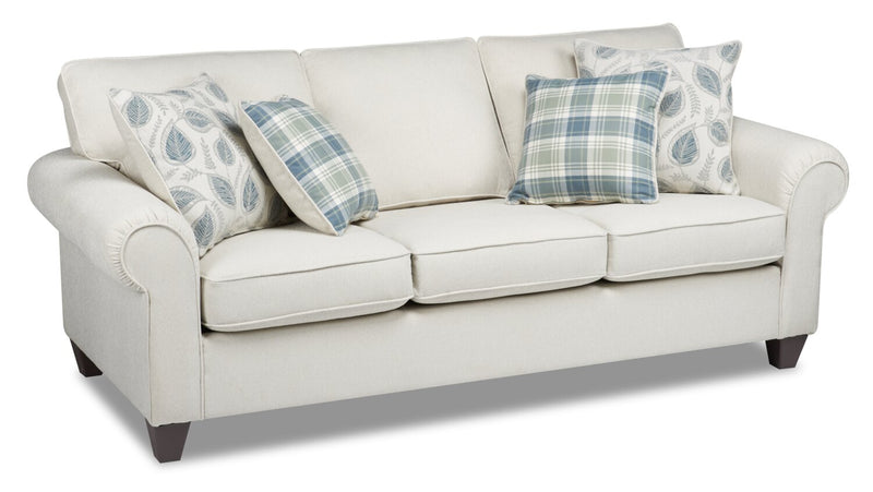 Made in Canada Scarlett 87\" Chenille Fabric Sofa with Rolled Arms and Accent Pillows - Ecru Beige