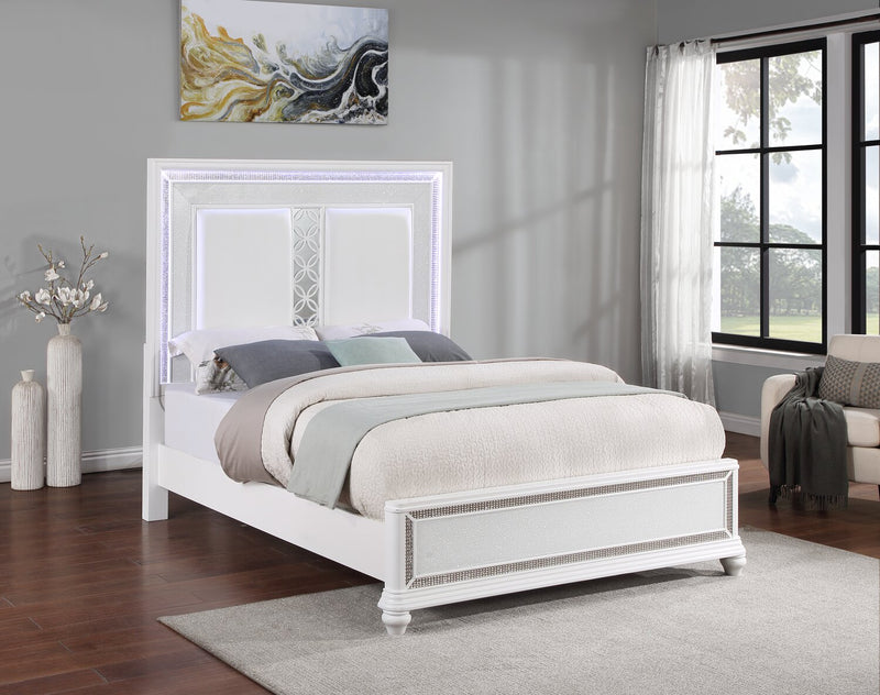 Ava Panel Bed with Headboard & Frame, LED, Glam, White - Queen Size