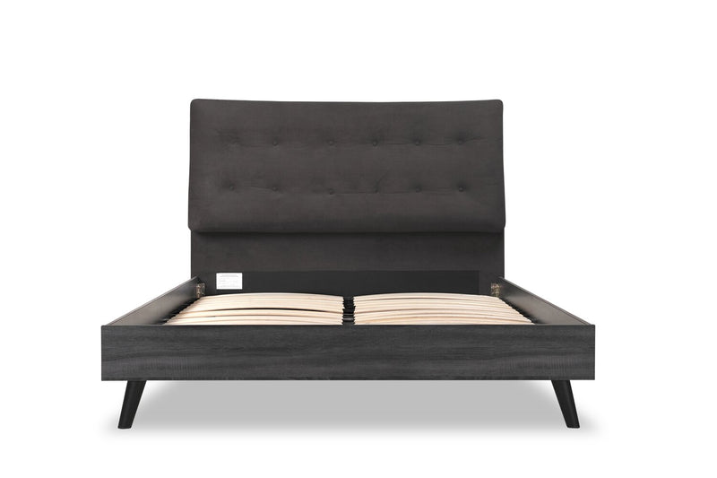 Nash Upholstered Platform Bed in Dark Grey Fabric, Button Tufted - Full Size