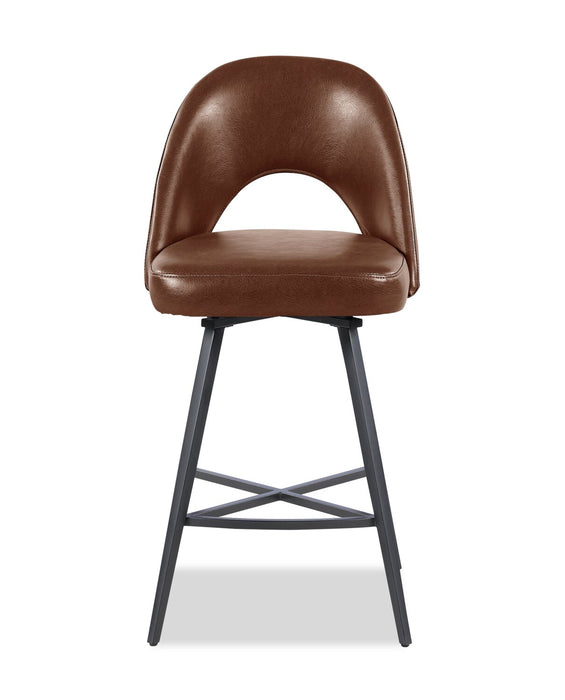 Elijah Counter-Height Stool with Swivel Seat & Vegan Leather Fabric, 26\"H, Metal - Brown