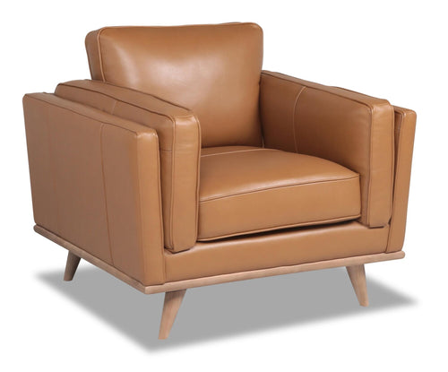 Vivia 40" Genuine Leather Chair with Removable Seat Cushion and Wood Base - Caramel Brown 