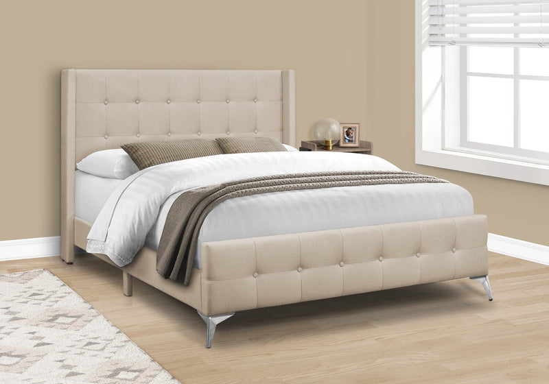 Zara Upholstered Bed in Beige Linen-Look Fabric - Button Tufted - Queen Size
