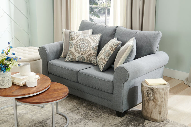 Made in Canada Tula 65\" Fabric Loveseat with Rolled Arms and Accent Pillows - Steel Grey