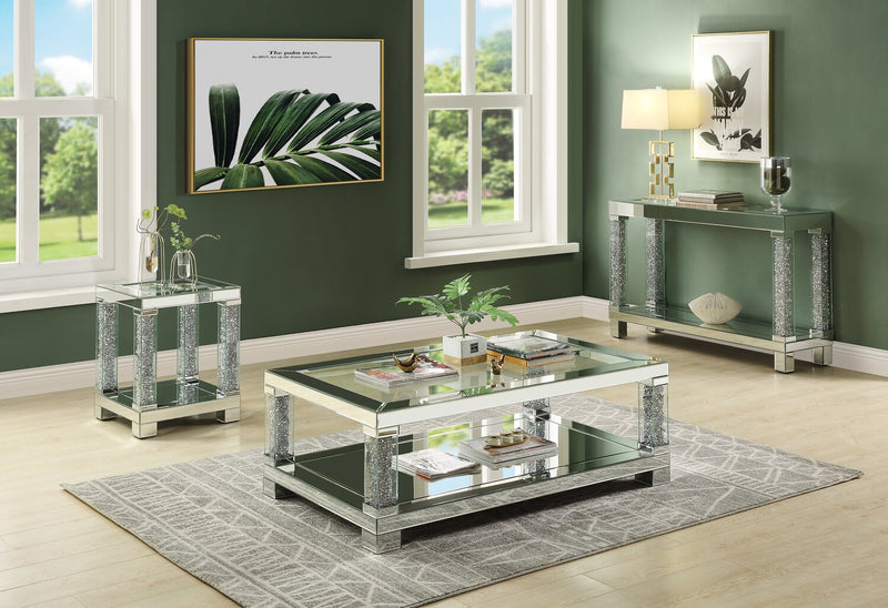 Berni 47.4\" Glam Mirror & Glass Top Sofa Table with Shelf - Silver Metal with Diamond Look Legs