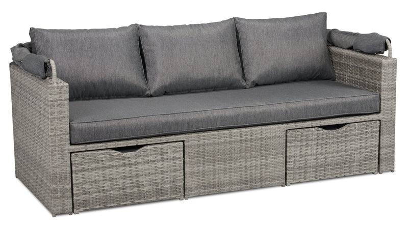 Cuba Canopy Outdoor Patio Conversation Set with Canopy Sofa, Ottoman & 2 Self-Storing Ottomans - Hand-Woven Resin Wicker, UV & Weather Resistant - Charcoal