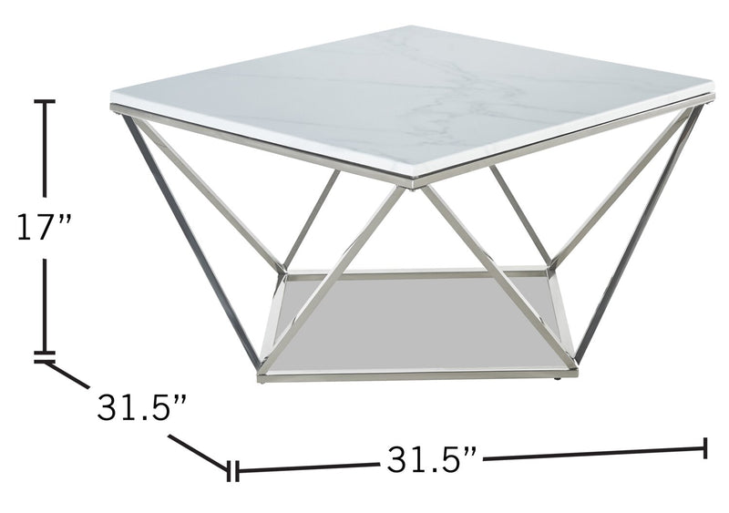 Amanda 31.5\" Modern Square Coffee Table - White Marble Top with Chrome Metal Base