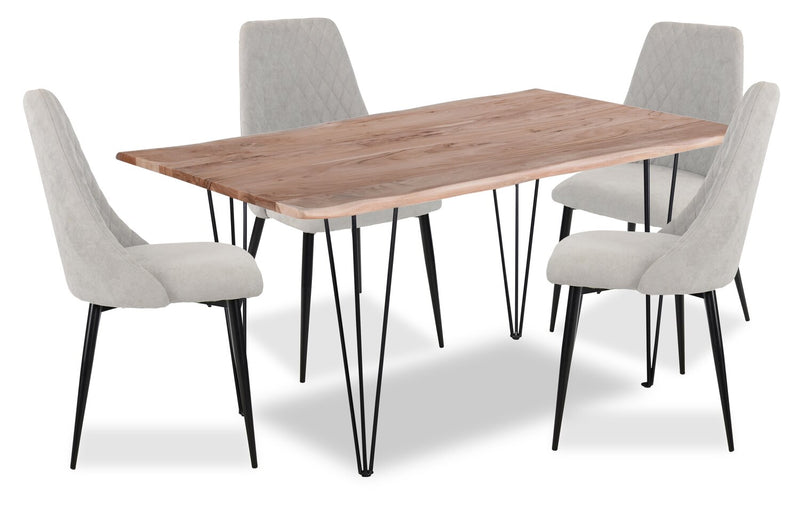 Miya 5pc Dining Set with Table & 4 Chairs, Live Edge, Acacia Wood, Metal, 60\"W - Grey