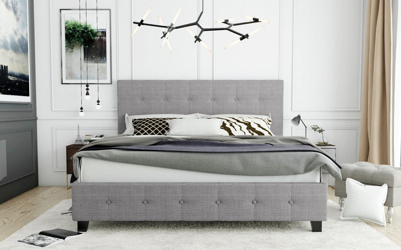 Page Upholstered Bed in Grey Linen-Look Fabric, Button Tufted - King Size