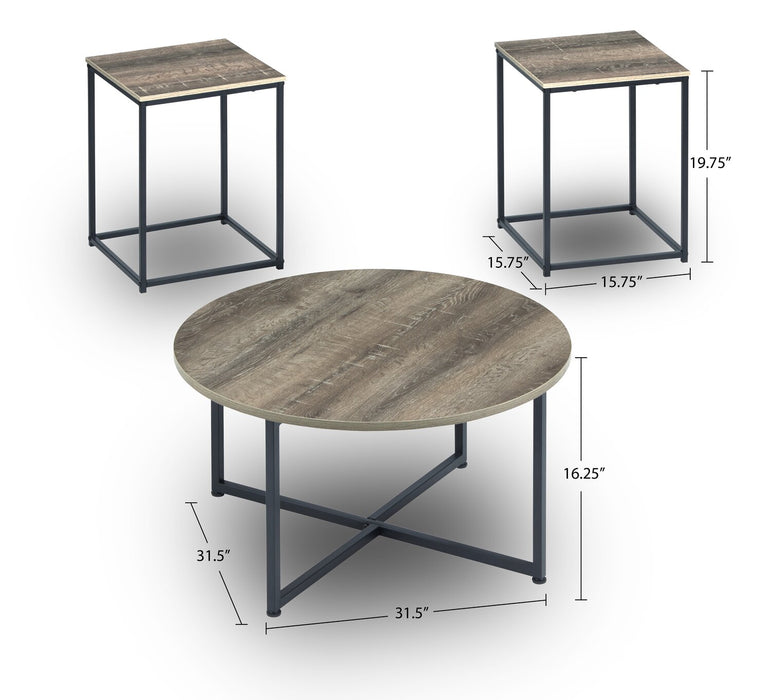 Wadeworth 31.5\" Rustic 3-Pack Coffee + 2 End Tables - Taupe with Metal Legs