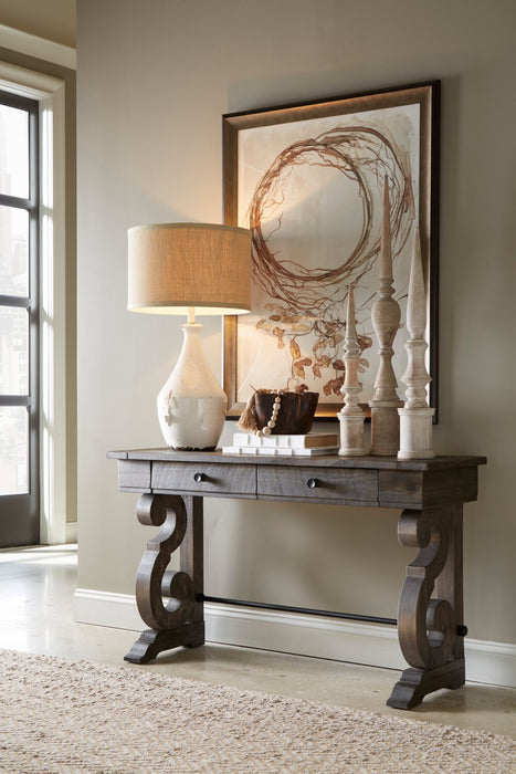 Bellamy 50\" Traditional Sofa Table with Storage - Dark Brown Pine with Scroll Design Wood Base