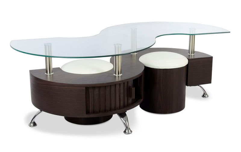 Savon  52.5\" Modern S-shaped 3-Pack Coffee + 2 Ottomans with Storage and Shelf - Dark Walnut Wood and Chrome 